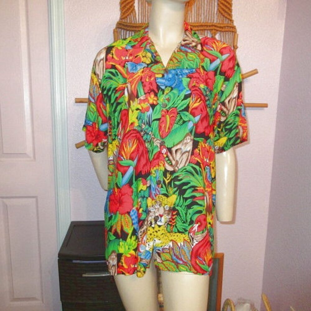 Vtg 90s Tropical Jungle Blouse Top Size M Floral Button Up Camp Shirt Hawaiian